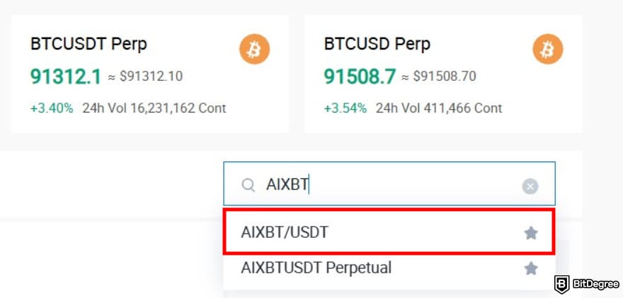 How to buy AIXBT: HTX Markets page with the AIXBT search result.