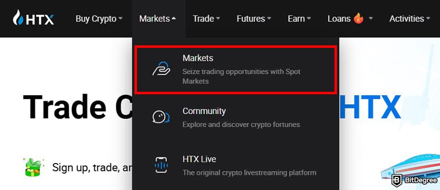 How to buy AIXBT: HTX homepage with the [Markets] menu highlighted.