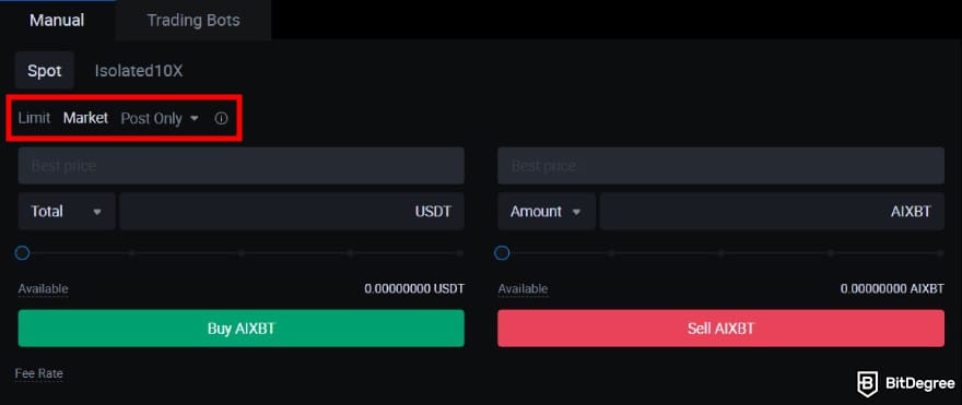 How to buy AIXBT: the order form on HTX spot trading platform with the order types highlighted.