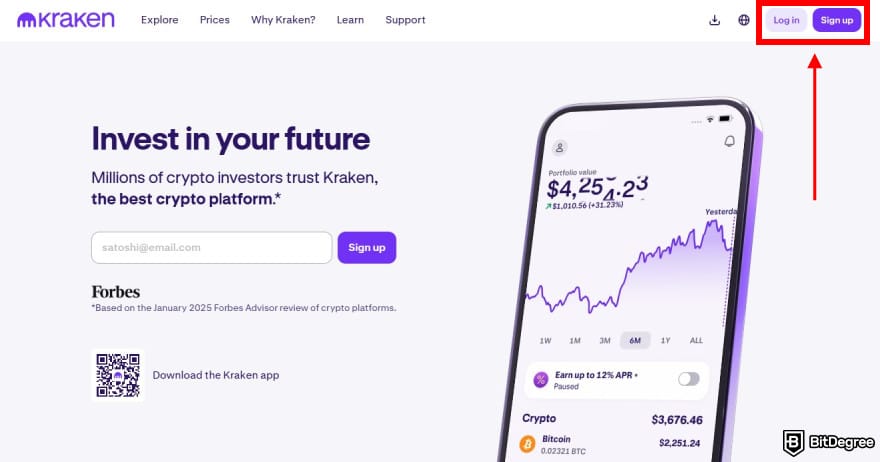How to buy AIXBT: Kraken's homepage with the [Log in] and [Sign up] buttons highlighted.