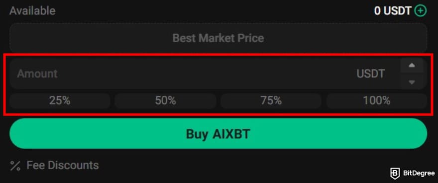 How to buy AIXBT: the buy order form on KuCoin's spot trading platform.