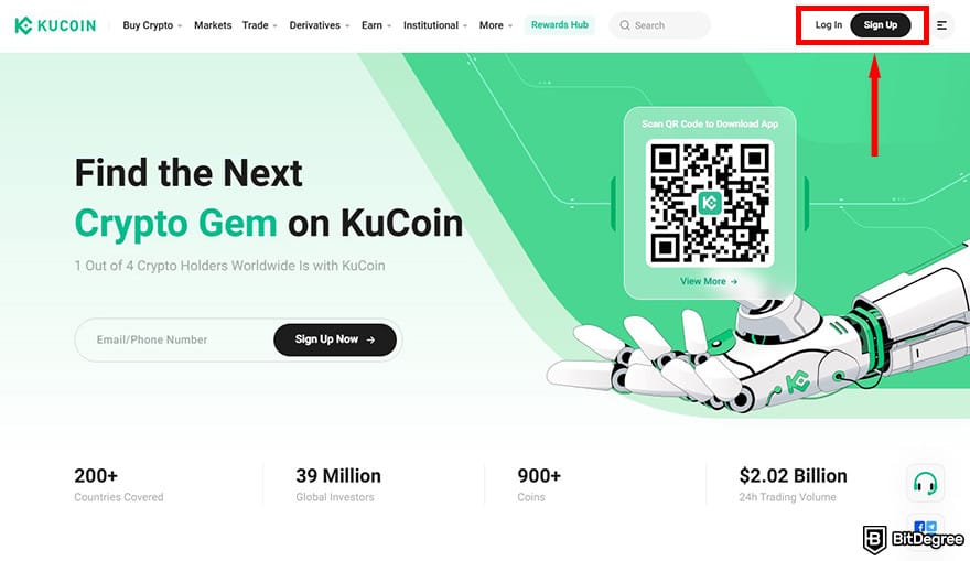 How to buy AIXBT: KuCoin's homepage with the [Log In] and [Sign Up] buttons highlighted.