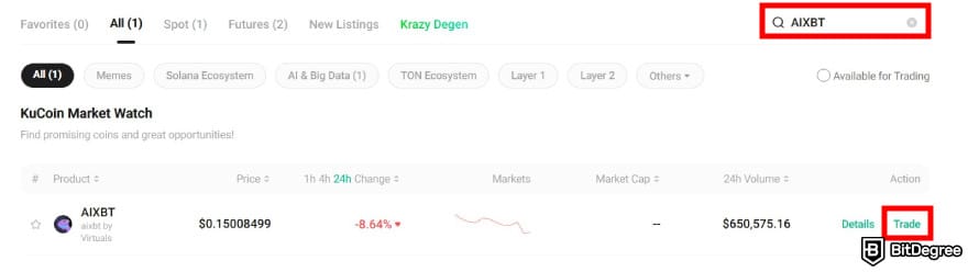 How to buy AIXBT: KuCoin's markets page with the search result for AIXBT and the [Trade] button highlighted.