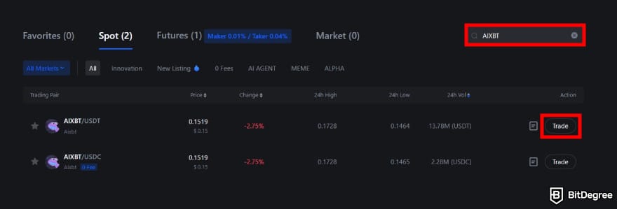 How to buy AIXBT: MEXC Markets page showing the search results for AIXBT and the [Trade] button highlighted.