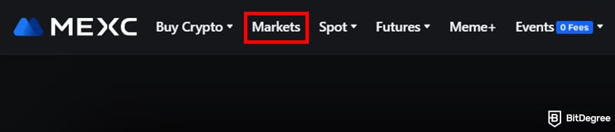 How to buy AIXBT: the main menus on MEXC homepage with the [Markets] menu highlighted.