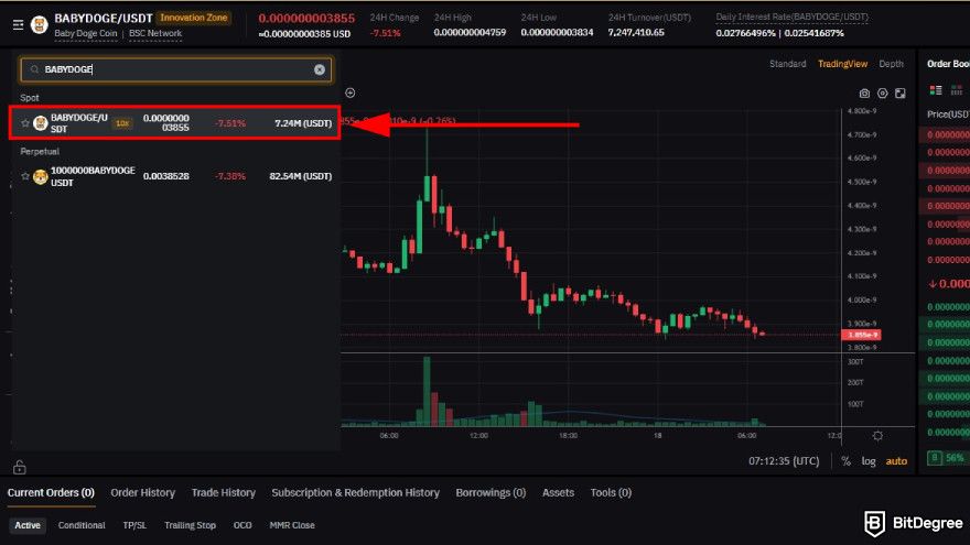 How to buy Baby Doge: choose BABYDOGE/USDT pair from the spot market.