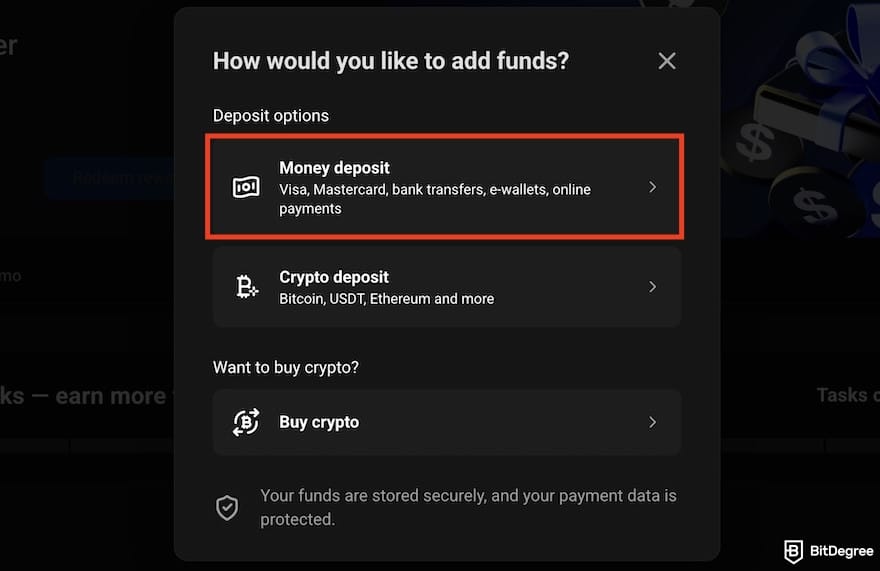 How to buy Bitcoin in India: the [Money deposit] menu outlined among other PrimeXBT's deposit options.