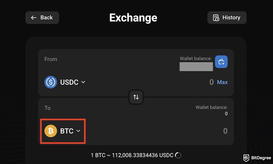 How to buy Bitcoin in India: the [BTC] button highlighted on PrimeXBT's Exchange form.
