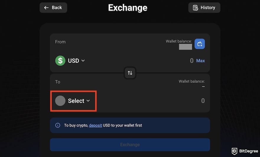 How to buy Bitcoin in India: the [Select] menu highlighted on PrimeXBT's Exchange form.