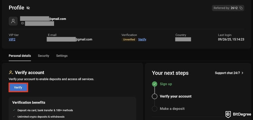 How to buy Bitcoin in India: the [Verify] button highlighted on PrimeXBT's profile.