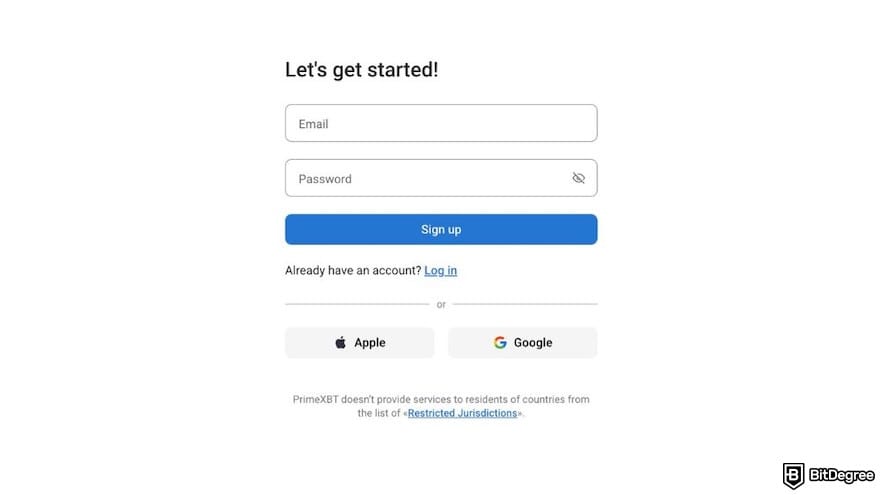 How to buy Bitcoin in India: PrimeXBT's sign-up form.