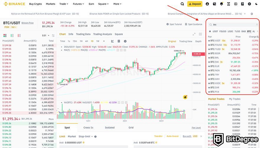 How to buy Bitcoin in Malaysia: picking a trading pair on Binance.