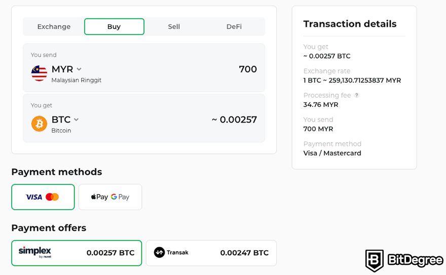 How to buy Bitcoin in Malaysia: Changelly transaction summary.