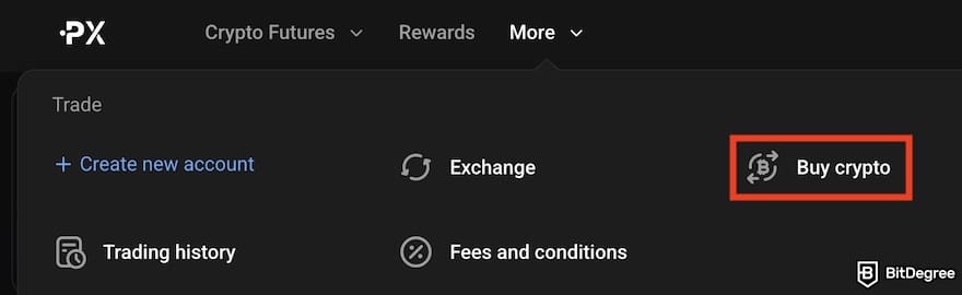 How to buy Bitcoin in Malaysia: the [Buy crypto] menu PrimeXBT's website outlined.