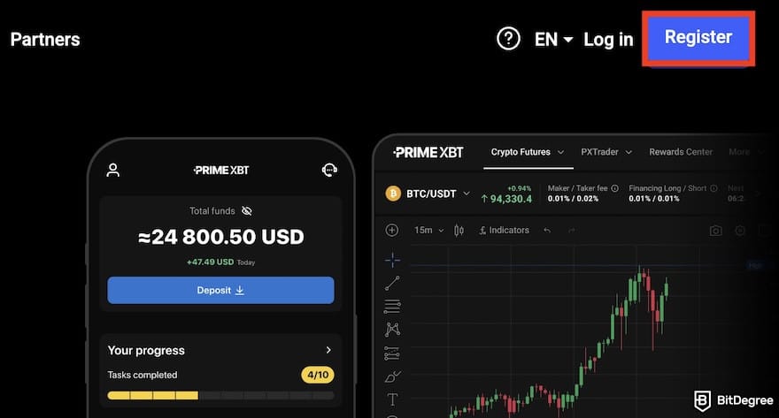 How to buy Bitcoin in Malaysia: the [Register] button outlined in the PrimeXBT's homepage.