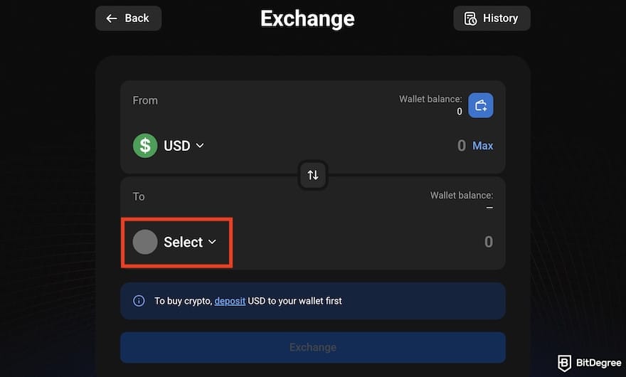 How to buy Bitcoin in Malaysia: the [Buy crypto] form on PrimeXBT, with the [Select] button highlighted.