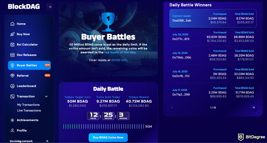 How to buy BlockDAG: a screenshot of BlockDAG's Buyer Battles page.