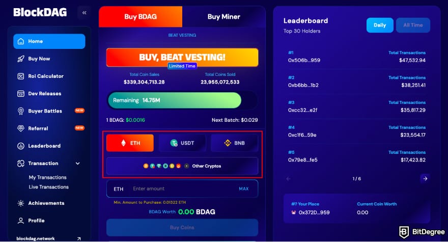 How to buy BlockDAG: choose the crypto you want to pay with.