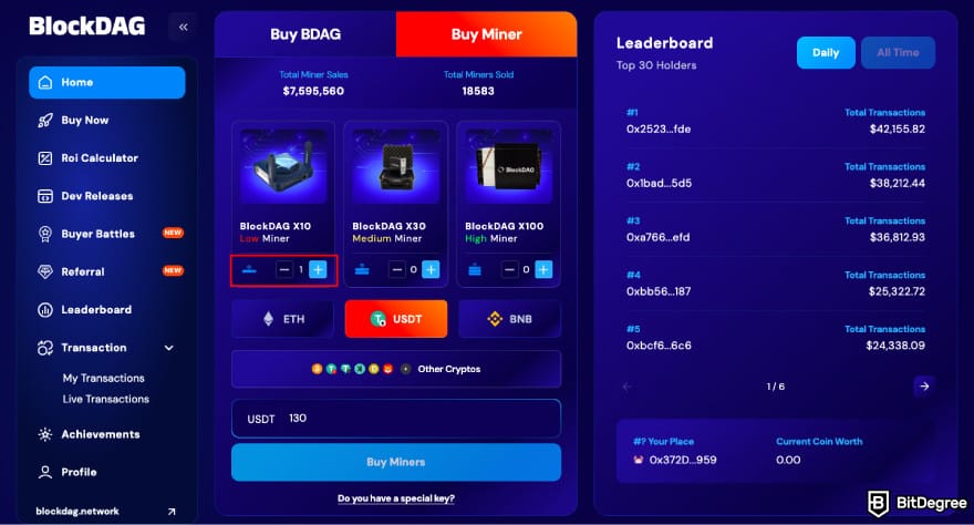 How to buy BlockDAG: click the [+] button next to the miner you want to buy.