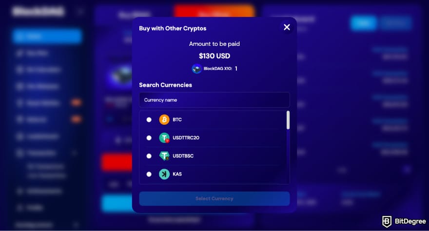 How to buy BlockDAG: choose the crypto you want to buy the miner with.