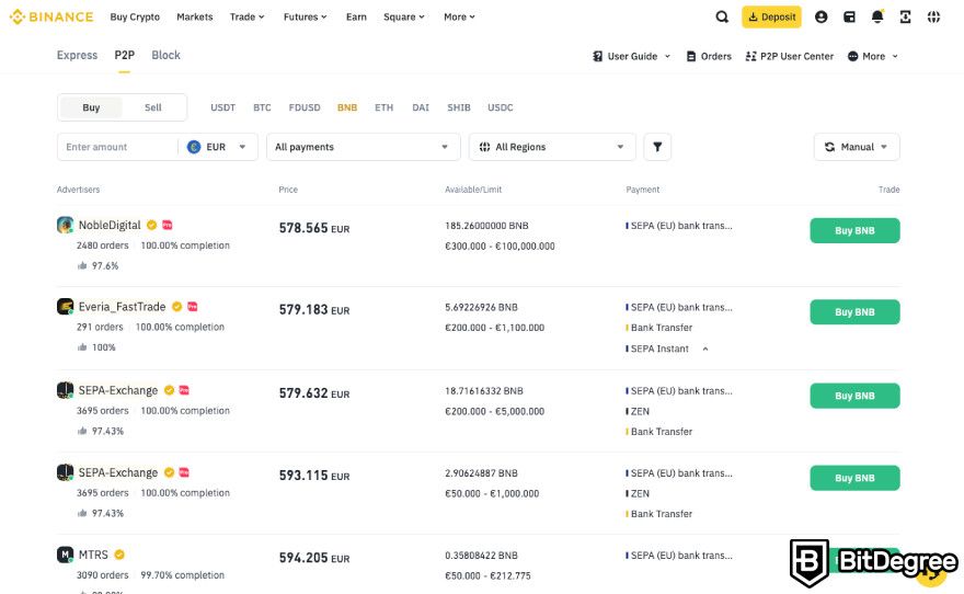 How to buy BNB: P2P trading interface.