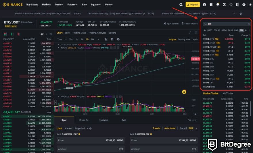 How to buy BNB: searching for BNB trading pairs.