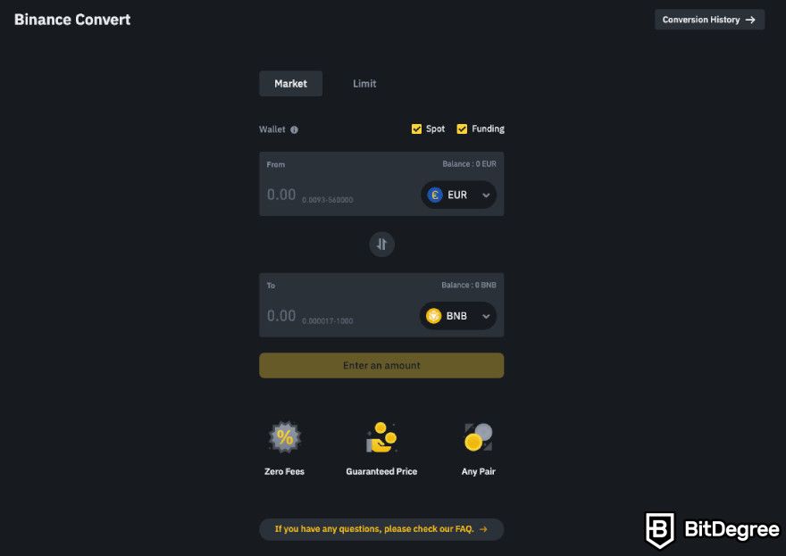 How to buy BNB: Binance Convert window.