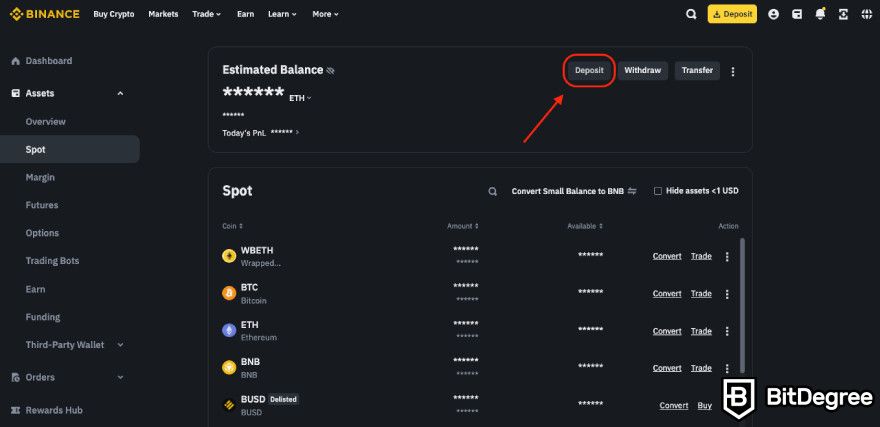 How to buy BNB: the [Deposit] button on the spot wallet.