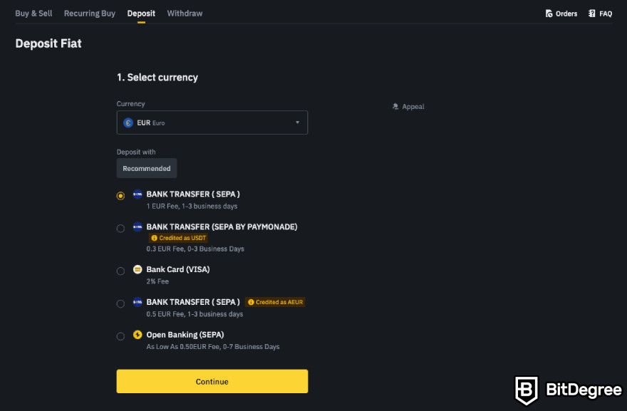 How to buy BNB: selecting fiat to deposit.