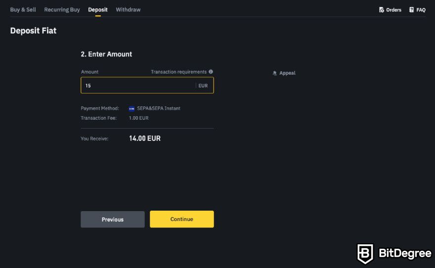 How to buy BNB: entering fiat deposit amount.