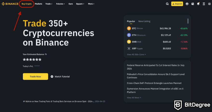 How to buy BNB: the [Buy Crypto] button.