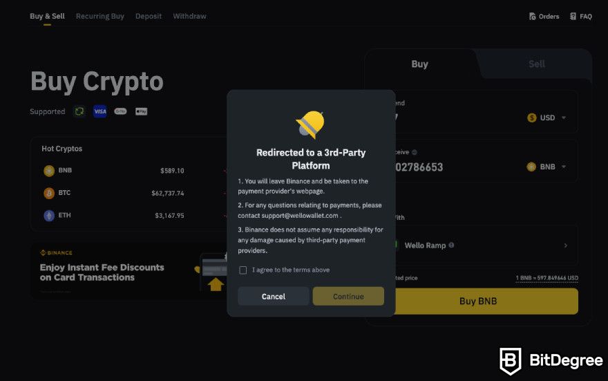How to buy BNB: a note about redirection to a third-party channel.