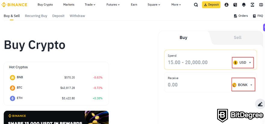 How to buy Bonk: the "Buy Crypto" section on Binance.