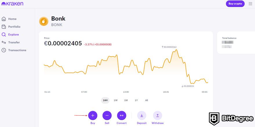 How to buy Bonk: the "Buy" button on Kraken.