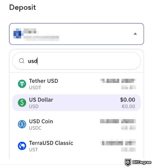 How to buy Bonk: choosing to deposit in USD.