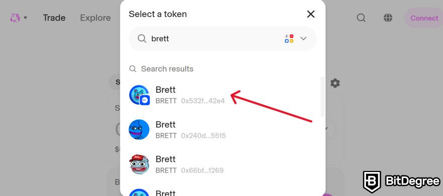 Como comprar Brett Coin: selecione "Brett" no Uniswap.