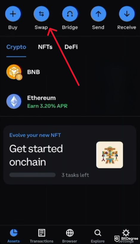 How to find Brett Coin: the "Swap" button on Coinbase Wallet home dashboard.