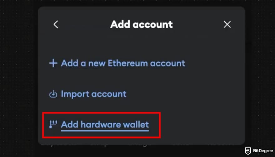 How to buy BTFD coin: the [Add hardware wallet] button under MetaMask's Add Account configuration.