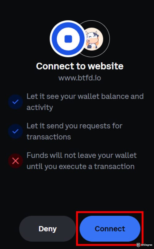 How to buy BTFD coin: the [Connect] button inside a pop-up asking to connect Coinbase Wallet to BTFD.io.