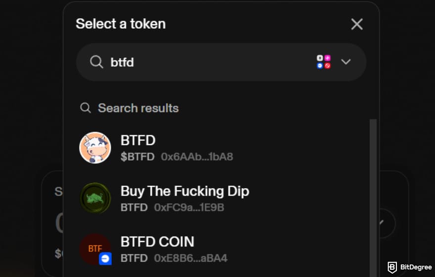 How to buy BTFD coin: search results for BTFD on Uniswap.