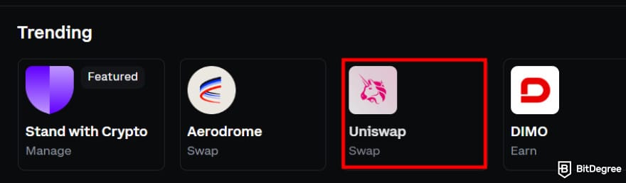 How to buy BTFD coin: Uniswap highlighted as a trending dApp on Coinbase Wallet.