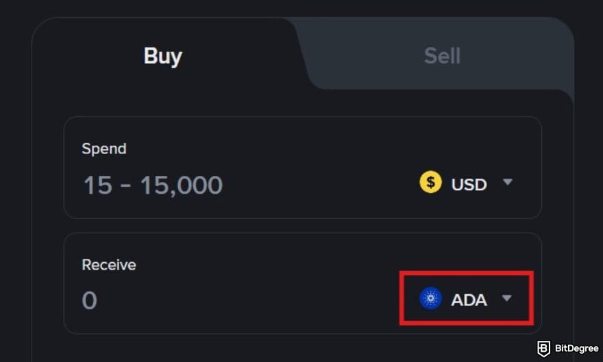 How to buy Cardano: a portion of Binance Buy Crypto page with the crypto option highlighted.