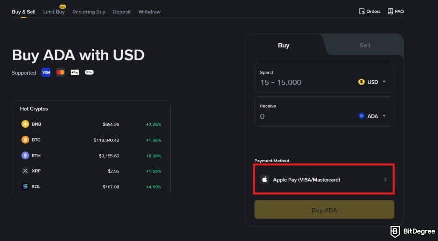 How to buy Cardano: a portion of Binance Buy Crypto page with the payment option highlighted.