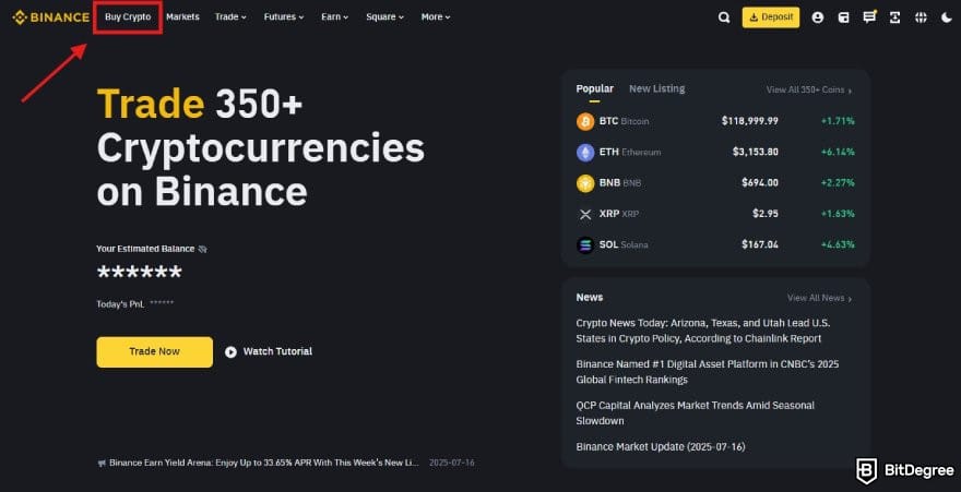 How to buy Cardano: Binance homepage with the Buy Crypto menu highlighted.
