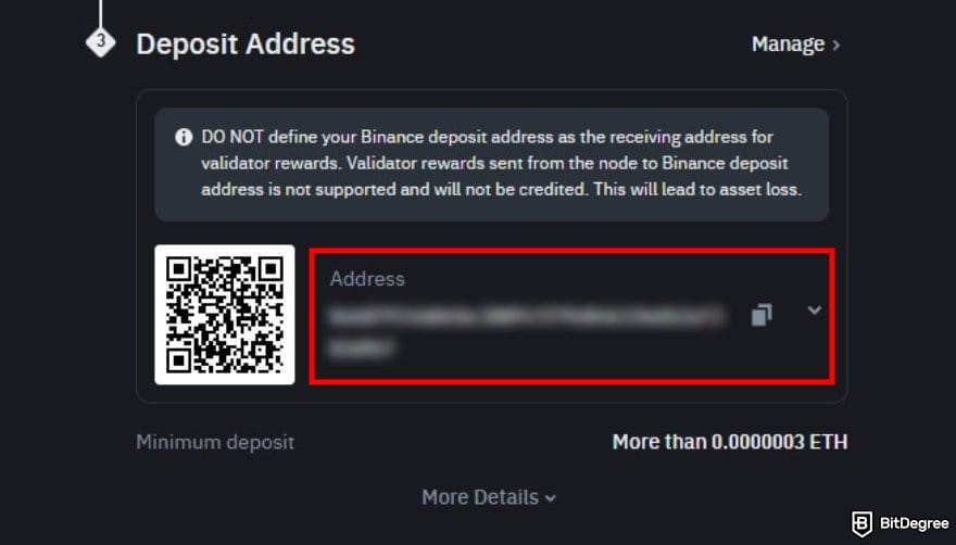 How to buy Cardano: the Deposit Crypto page on Binance with the Deposit Address highlighted.