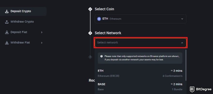 How to buy Cardano: the Deposit Crypto page on Binance with the network selection highlighted.