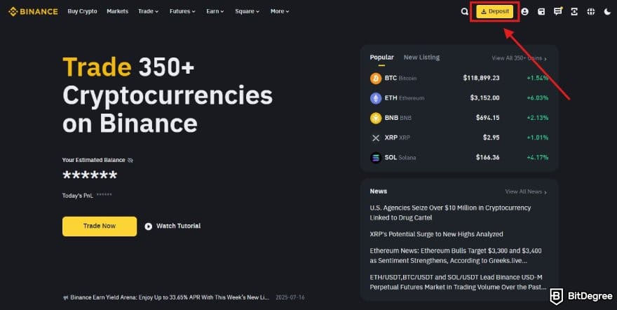 How to buy Cardano: Binance homepage with the Deposit menu highlighted.
