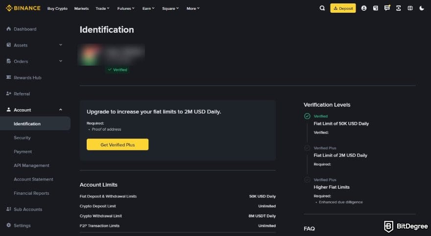 How to buy Cardano: the ID verification page on Binance.