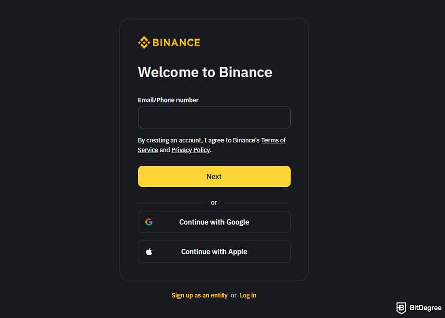 How to buy Cardano: Binance sign up page.
