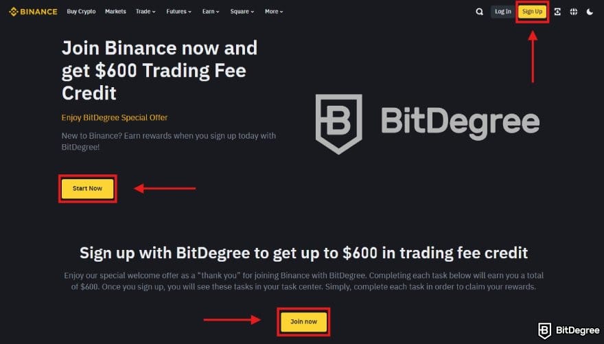 How to buy Cardano: BitDegree's affiliate sign up page on Binance.